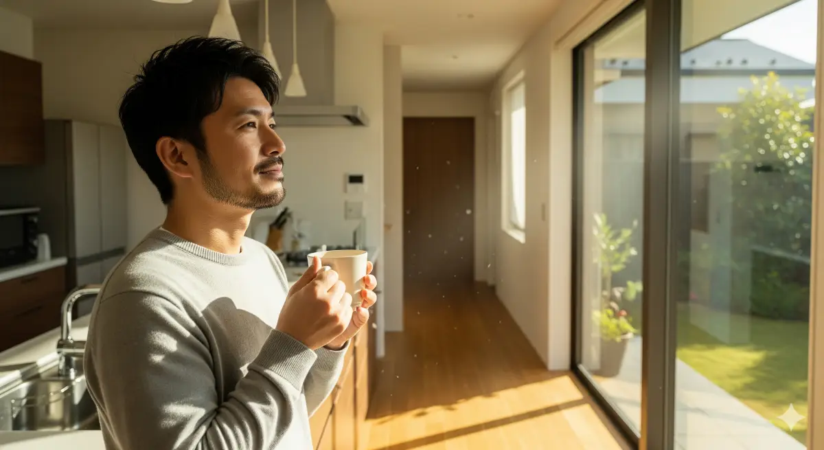 キッチンの大きな窓から外を眺めくつろぐ男性